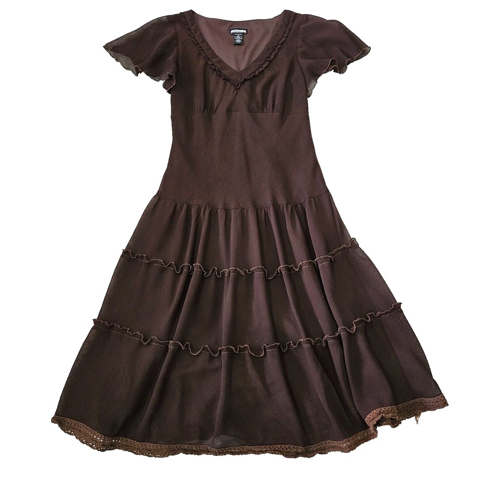 Believe Y2K Sz 8 Brown Tiered Babydoll Cottagecore Peasant V-neck Midi Dress